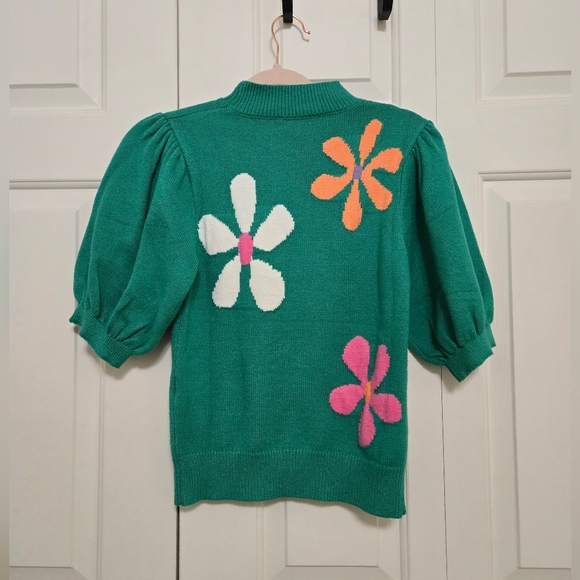 THML Anthropologie Green And Floral Knit Short Puff Sleeve Sweater Size XS - Picture 5 of 5